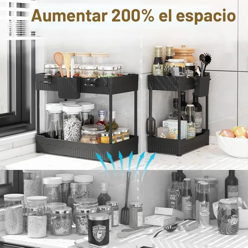 Vista 2 de Sevenblue - Juego de 2 organizadores bajo el fregadero, organizador bajo el gabinete del baño con taza colgante con ganchos, estante de Negro