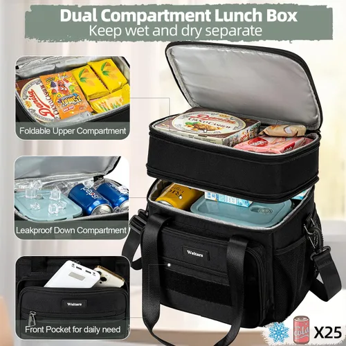 Vista 3 de Weitars Lonchera para hombres y mujeres, lonchera de doble compartimento, resistente, grande, aislada, bolsa de almuerzo táctica duradera con correa