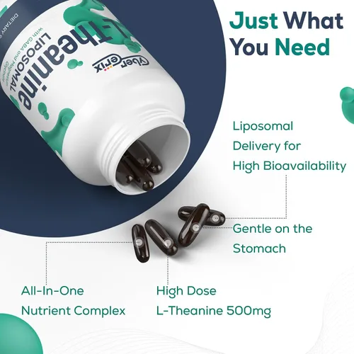 Vista 6 de CyberCerix L-teanina liposomal 500 mg, complejo con GABA 200mg y magnesio 100 mg, suplemento extra fuerte para calma, relajación y concentración
