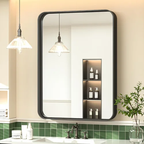 Vista 51 de TokeShimi Espejo de pared de baño de níquel cepillado de 20 x 30 pulgadas, marco de metal, esquina redonda, rectangular, para decoración del hogar