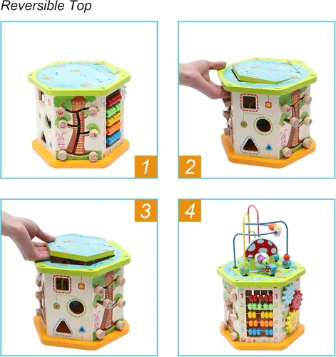 Vista 6 de LAVIEVERT Centro de actividades de cubo de juego de madera 9 en 1, clasificador de formas de laberinto de cuentas multifuncional, juguetes