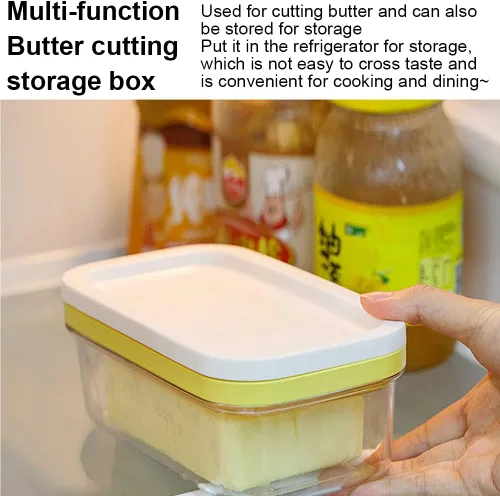 Vista 5 de Caja cortadora de mantequilla, plato de mantequilla de plástico con tapa, cortador de mantequilla de acero inoxidable, recipiente rectangular