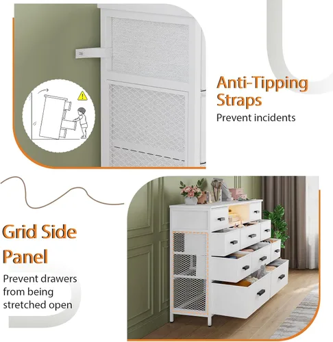Vista 7 de Cómoda con estación de carga, cómoda blanca para dormitorio con 10 cajones, soporte para TV con almacenamiento y luz LED para TV de 55", de tela