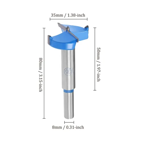 Vista 3 de Forstner Broca - Broca de carburo de tungsteno de [1.378 in] para muebles de madera, bisagra, carpintería, vástago redondo, azul oscuro