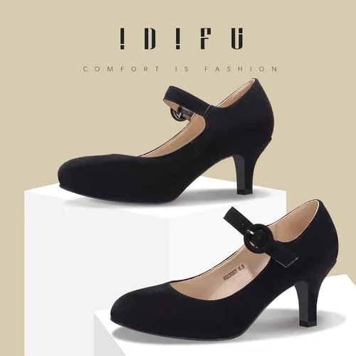 Vista 2 de IDIFU Jessy - Vestido Mary Jane para mujer, zapatos de tacón bajo para gatito, puntera redonda, cerrada, oficina, trabajo, boda