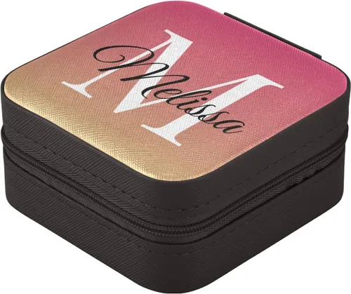 Vista 3 de Caja de joyería de viaje personalizada con degradado rojo y rosa con diseño de degradado, de piel sintética, portátil, organizador de joyas