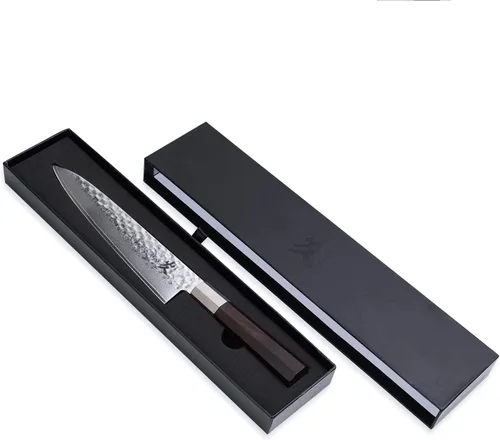 Vista 8 de SAMCOOK - Cuchillo de chef japonés – Cuchillo de cocina profesional de 8 pulgadas con acabado martillado de Damasco, cuchillo de cocina de acero