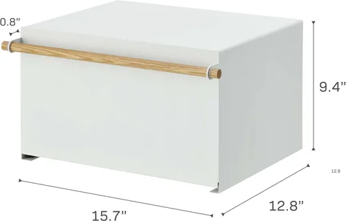 Vista 8 de YAMAZAKI Caja de Pan Moderna para el Hogar – Contenedor de Almacenamiento de Pan de Acero + Madera para Encimera, Caja de Pan Grande Blanca