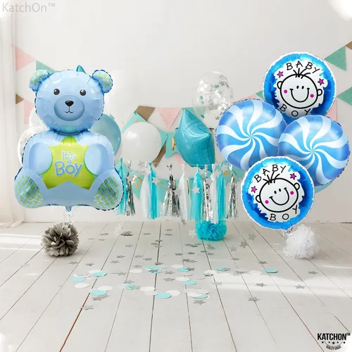Vista 7 de KatchOn, Globos de oso de peluche para baby shower, paquete de 5, color azul, 30 pulgadas, It's A Boy, oso de peluche, decoraciones de baby shower
