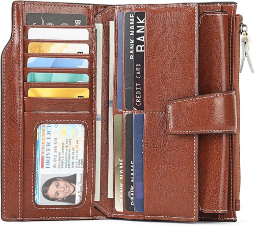 Vista 2 de SENDEFN Carteras de cuero para mujer, con bloqueo RFID, tarjetero con bolsillo con cremallera, Beige Marrón, Minimalista