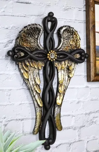 Vista 8 de Ebros Gift Alas de ángel dorado con nudo trenzado negro decoración cruz placa angelical diseño inspirador colgante cruces decorativas