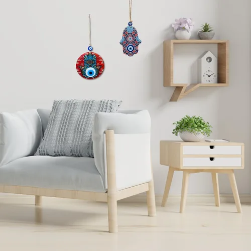 Vista 7 de Juego de regalo hecho a mano de protección ocular de 3 piezas, dijes Fusion Hamsa Hand Evil Eye, adornos de decoración de pared con atrapasueños