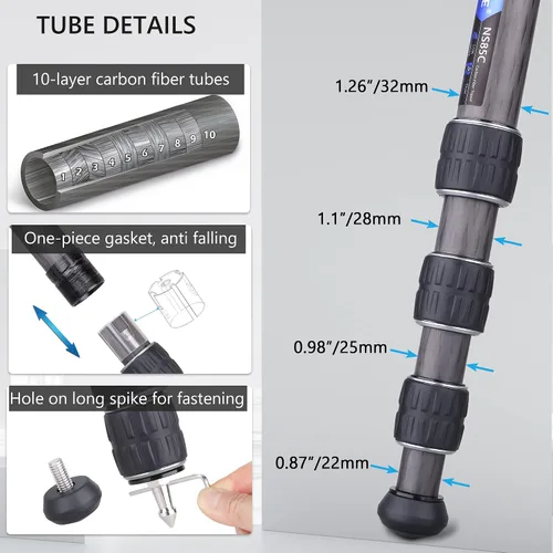 Vista 11 de Trípode de cámara de fibra de carbono con cabeza de bola de perfil bajo de 1.732 in, trípode compacto profesional ARTCISE NS85C, columna central