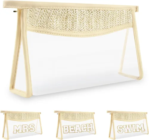 Vista 16 de Iqimott 2 bolsas de maquillaje con parches transparentes, bolsa de letras boho para nadar en la playa, bolsas de maquillaje impermeables