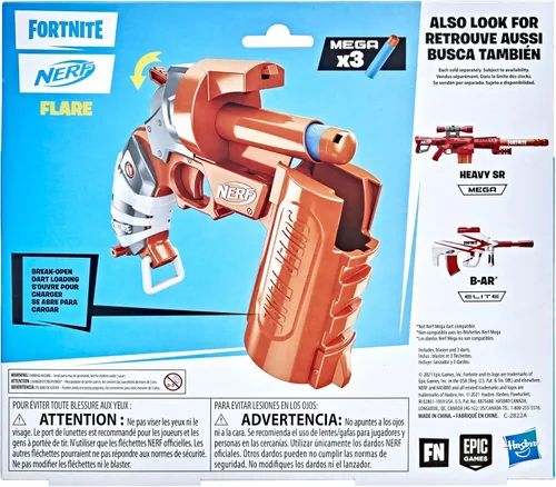 Vista 5 de Nerf Fortnite Flare Dart Blaster, carga de dardos abiertos, incluye 3 mega dardos que silban a través del aire, mango de cebado desplegable