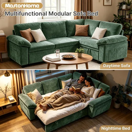 Vista 3 de 86" L-Shaped Sectional Sleeper Couch, Modular Pull-Out Storage Sofa Bed Green