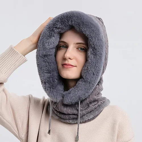 Vista 6 de Gorro de forro polar holgado de una pieza para mujer, bufanda con capucha, pasamontañas, cálido invierno, resistente al viento, con cordón