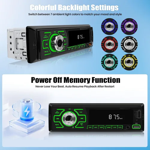 Vista 7 de SIXWIN - Radio para coche de un solo DIN, estéreo Bluetooth, receptor de audio multimedia para coche con control de voz, entrada AUX/USB/TF, control