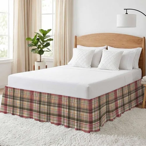 Vista 2 de Falda de cama vintage a cuadros, tamaño Queen de 16 pulgadas de caída, ajustable y elástica, plisada, con volantes de polvo de lujo para cama