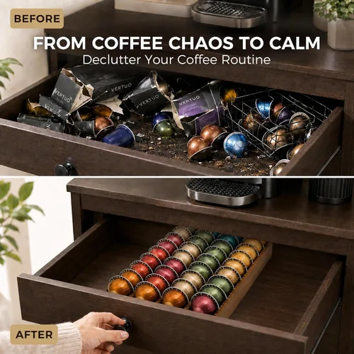 Vista 7 de MinBoo Soporte de bambú para almacenamiento de cápsulas de café para mostrador compatible con Nespresso Vertuo Vertuoline Cápsulas para cocina