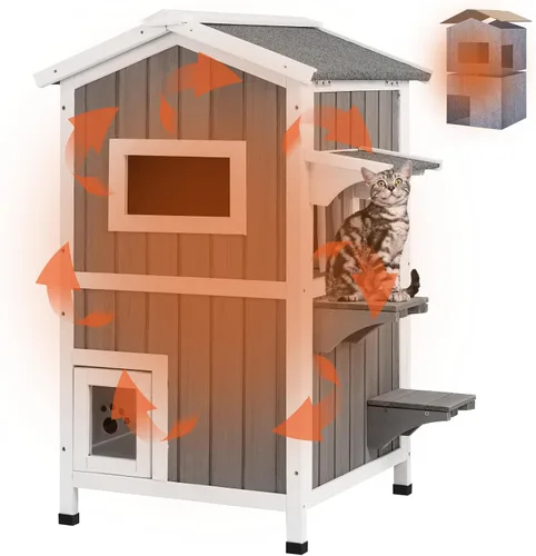 Vista 12 de PetsCosset Casa Aislada para Gatos de Exterior Resistente a la Intemperie con Aislamiento Integral de Dos Pisos de Madera Refugio para Gatos Ferales