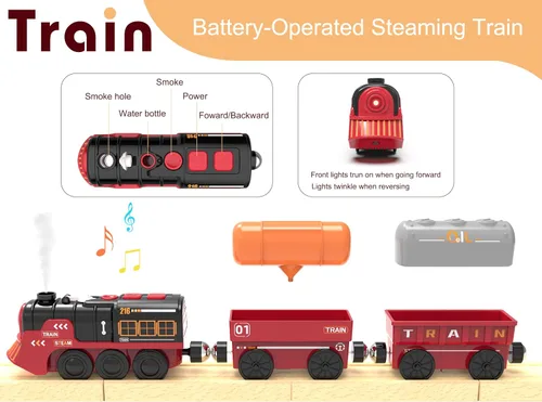 Vista 3 de Juego de tren eléctrico de juguete para pistas de madera, juguete de tren locomotora con control remoto para niños, compatible con Thomas, Brio