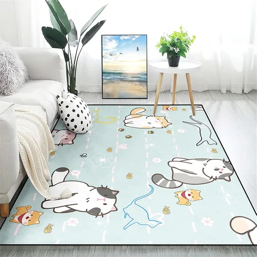 Vista 2 de Alfombra de gatos de dibujos animados para niñas, bonita decoración de habitación de niños, alfombra con temática de animales azules, alfombra ultra