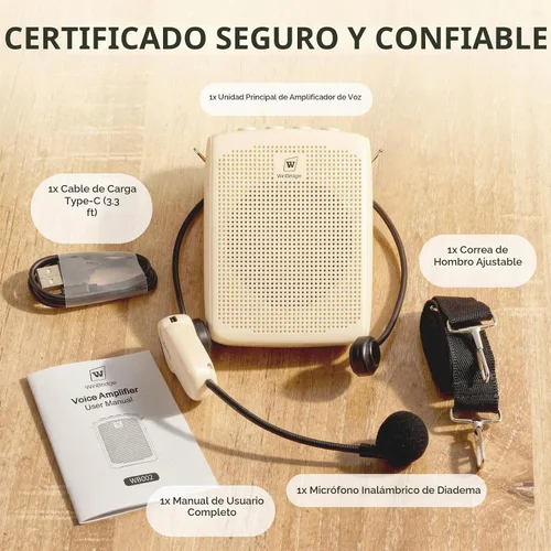 Vista 9 de WinBridge - Amplificador de voz Bluetooth - Micrófono inalámbrico de 15 W, sistema PA portátil para aula/ancianos, altavoz y micrófono para Beige