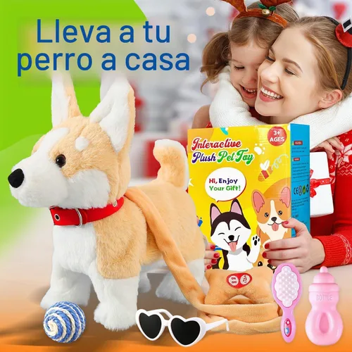 Vista 8 de HCdoujoy Perro Corgi juguete que camina y ladra, cachorro interactivo musical que canta y baila con control de volumen, camina con correa, menea
