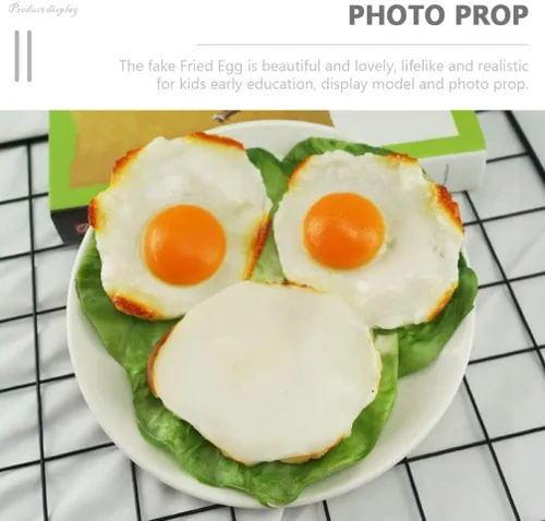 Vista 6 de Modelos de huevos fritos simulados, 4 piezas de huevos fritos falsos, juguetes de comida para niños, decoración de cocina, accesorios para fotos