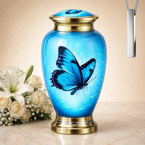 Vista 17 de Juego de 6 urnas de cremación decorativas personalizadas con diseño de mariposa azul para cenizas humanas, incluye 1 urna grande para cenizas