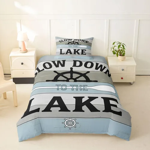 Vista 38 de Erosebridal Lake House Twin Bed Set for Boys Girls Kids, Blue and Beige Lakehouse 2Pcs Duvet Cover with Zipper, Rustic Farmhouse Bedding Sets