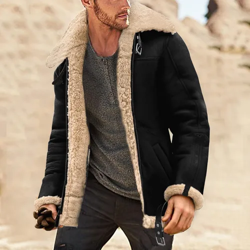 Vista 2 de WOSJKDJ Chaqueta de piel sintética para hombre, chaqueta de piel sintética con cuello de solapa, forro de sherpa con cremallera de invierno