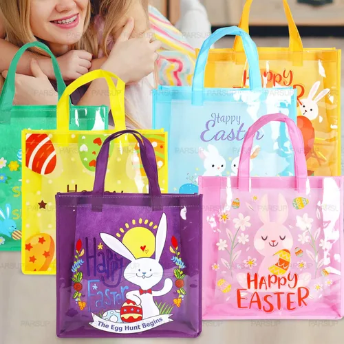Vista 5 de 6 bolsas de caza de huevos de Pascua felices, bolsas de regalo de huevos de zanahoria con asas, bolsas multifuncionales no tejidas para envolver