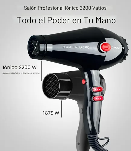 Vista 2 de JOHN Secador de pelo, secador profesional de salón con 2200 vatios, potente cerámica iónica, secado rápido, explosión Turbo 6900, negro