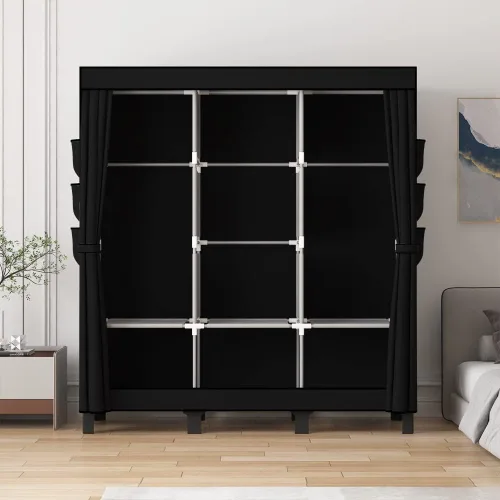 Vista 5 de Armario portátil, caja de almacenamiento de ropa, armario simple para colgar ropa, múltiples estantes y 3 barras, 6 bolsillos laterales (negro)