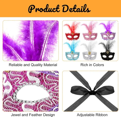 Vista 3 de CHENGU 6 máscaras de máscaras para mujeres y niñas, disfraz de Halloween, máscara de encaje colorida para mujeres y niñas, suministros de fiesta