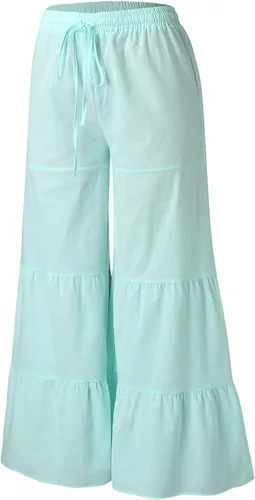 Vista 4 de GOKKILRW Pantalones de verano para mujer, estilo bohemio, dobladillo con volantes, pierna ancha, cintura alta, fruncidos, pantalones de playa