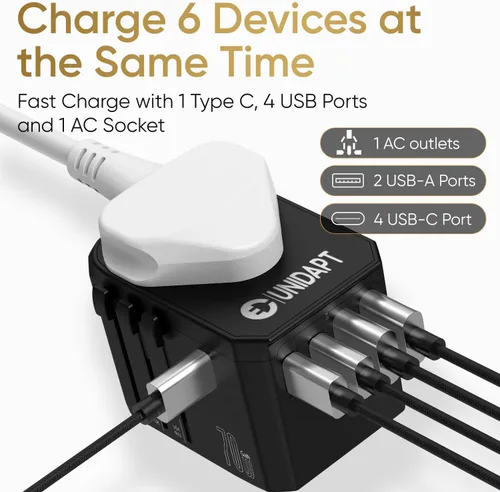 Vista 2 de Unidapt Adaptador de viaje universal, adaptador de enchufe internacional de 70W con 3 USB-C PD de carga rápida y 2 USB-A de carga rápida, adaptador