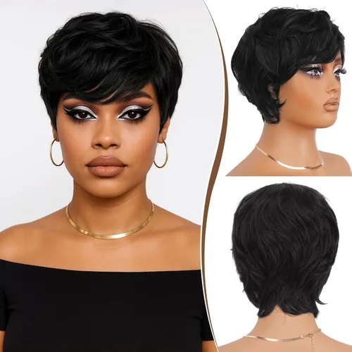 Vista 9 de RUWISS Peluca de cabello humano con corte Pixie, pelucas cortas para mujeres negras con flequillo, peluca natural en capas, sin pegamento, # 1B/30