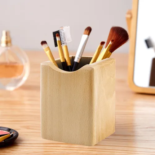 Vista 7 de Caja de bolígrafos de madera natural, organizador de papelería de escritorio, soporte creativo y simple de madera maciza para suministros de oficina