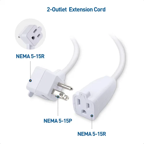 Vista 2 de Cable Matters Paquete de 2 cables de extensión cortos 13A 1625W de 2 salidas, 1 pie, color blanco Cable corto, ahorrador de salida, coleta