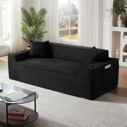 Vista 24 de Sofá sin hueso de 66.5 pulgadas con portavasos y bolsillos laterales, sofá biplaza tapizado de tela de pana moderna con 2 almohadas para sala