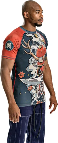 Vista 6 de Ronin Rash Guard Manga Corta Jiu Jitsu MMA BJJ - Oni Bushi Samurai Demon Calidad y durabilidad