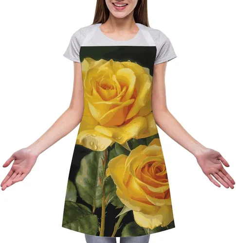 Vista 3 de MUSM Yellow Rose Apron，Classic Vintage Funny with Pockets Aprons,Adjustable Bib Waterdrop Resistant for Kitchen Cooking Restaurant BBQ Painting