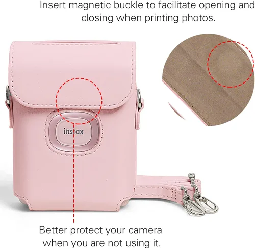 Vista 4 de MIni Link 2 - Funda de piel sintética para impresora Fujifilm Instax Mini Link 2 con correa de hombro ajustable Rosado