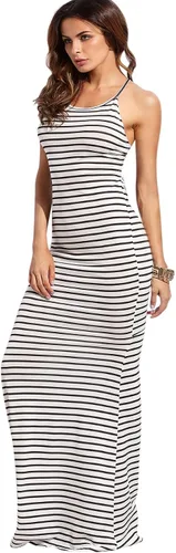 Vista 3 de SheIn - Vestido sexy largo hasta el tobillo con diseño a rayas para mujer vestido de fiesta de verano con tirantes delgados y espalda descubierta