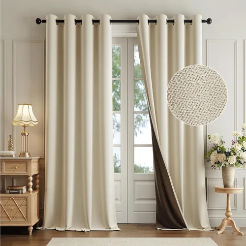 Vista 2 de Cortinas de lino 100% opacas de 96 pulgadas de largo, 2 paneles para dormitorio, sala de estar, lino beige, texturizado, para oscurecer