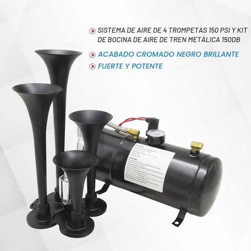 Vista 2 de Kit de bocinas de tren de 150DB con 4 trompetas, súper fuerte con compresor de aire de 150 PSI 12V, tanque compresor de bocina de aire
