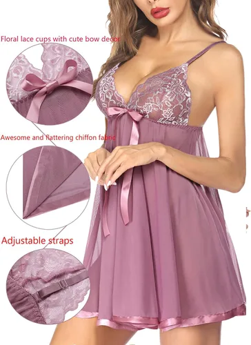 Vista 3 de Avidlove - Conjunto de lencería tipo camisón de encaje y malla para mujer